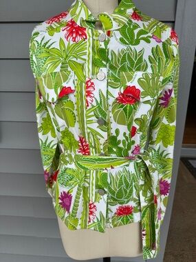 Manuel Canovas Green/White Print Belted Button-Up Jacket T3 (Large)